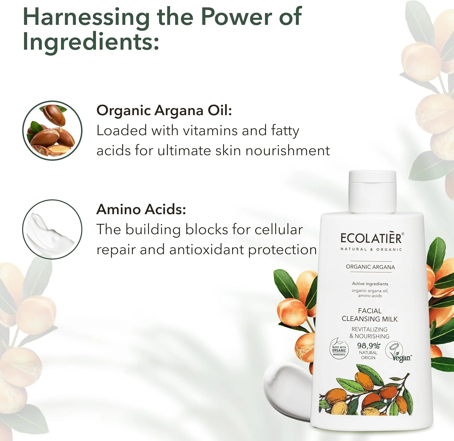 شیر پاک کننده صورت احیا کننده و مغذی اکولاتیه حاوی روغن آرگان ارگانیک، 250 میلی لیتر | 98.9% طبیعی، وگان | پاک کننده ملایم آرایش و پاک کننده آبرسان برای پوست های خشک و حساس