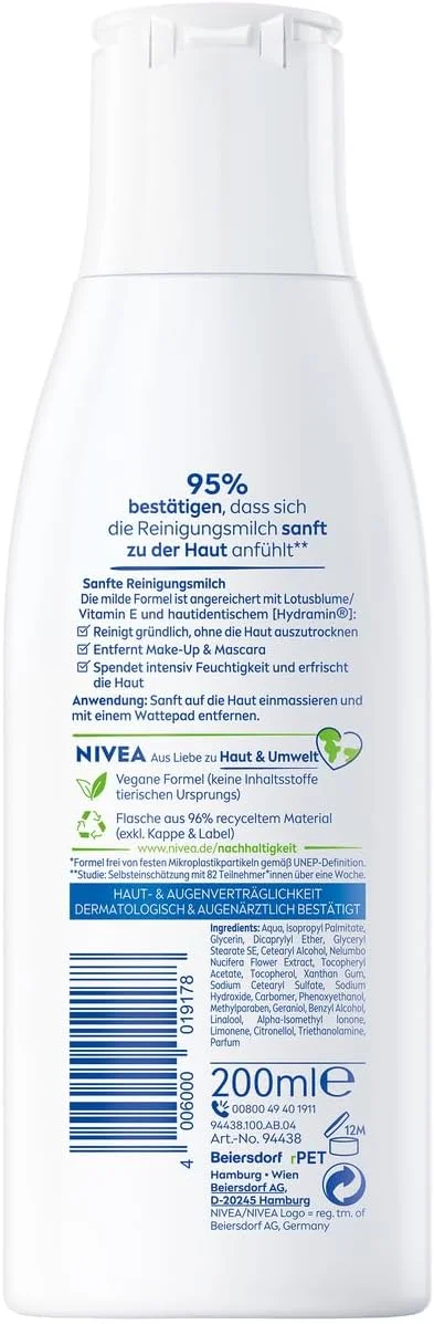 شیر پاک‌کن ملایم نیوآ برای پوست‌های معمولی و خشک، پاک‌کننده آرایش با پاکسازی کامل، پاک‌کننده ملایم صورت، آرایش و ریمل ضد آب را پاک می‌کند، پاک‌کننده حاوی ویتامین E (200 میلی‌لیتر)