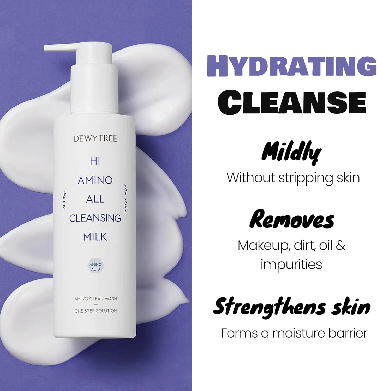 لوسیون پاک کننده ملایم صورت Dewytree Hi Amino All Cleansing، مناسب پوست های حساس، حاوی آمینو اسید، پاک کننده و مرطوب کننده صورت برای بهبود خاصیت ارتجاعی پوست، 200 میلی لیتر