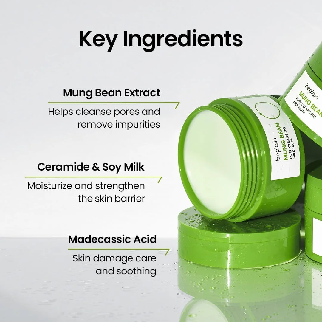 بالم پاک کننده شیر پاک کن منافذ پوست با عصاره ماش beplain (100 میلی لیتر) | بدون رایحه | پاک کننده آرایش کره ای برای پوست حساس | بافت غیر چرب سوربتی با سرامیدها | پاک کننده صورت همه کاره