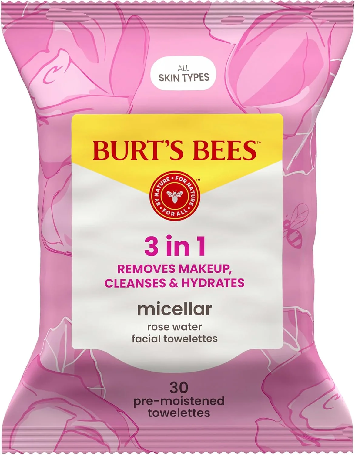 دستمال مرطوب صورت Burt's Bees، پاک کننده صورت، دستمال های پاک کننده آرایش با آب گل رز، پاک کننده میسلار آبرسان 3 در 1، 30 عدد