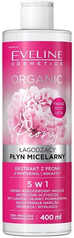 آب پاک کننده ملایم میسلار Eveline Cosmetics حاوی عصاره گل صد تومانی 5 در 1 | پاک کننده آرایش ضد آب | آبرسان و تسکین دهنده پوست حساس | 400 میلی لیتر