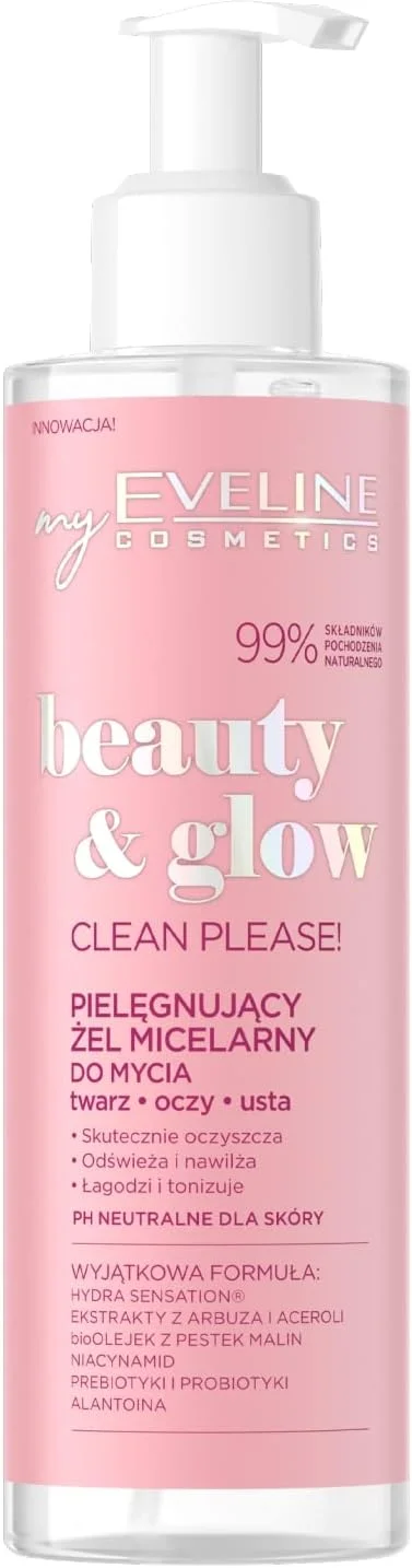 ژل شستشوی ملایم میسلار Beauty and Glow Eveline | غنی شده با هندوانه، عصاره آسرولا، روغن دانه تمشک ارگانیک، نیاسینامید، پری بیوتیک ها، پروبیوتیک ها و آلانتوئین | صورت، چشم ها و لب ها | 200 میلی لیتر