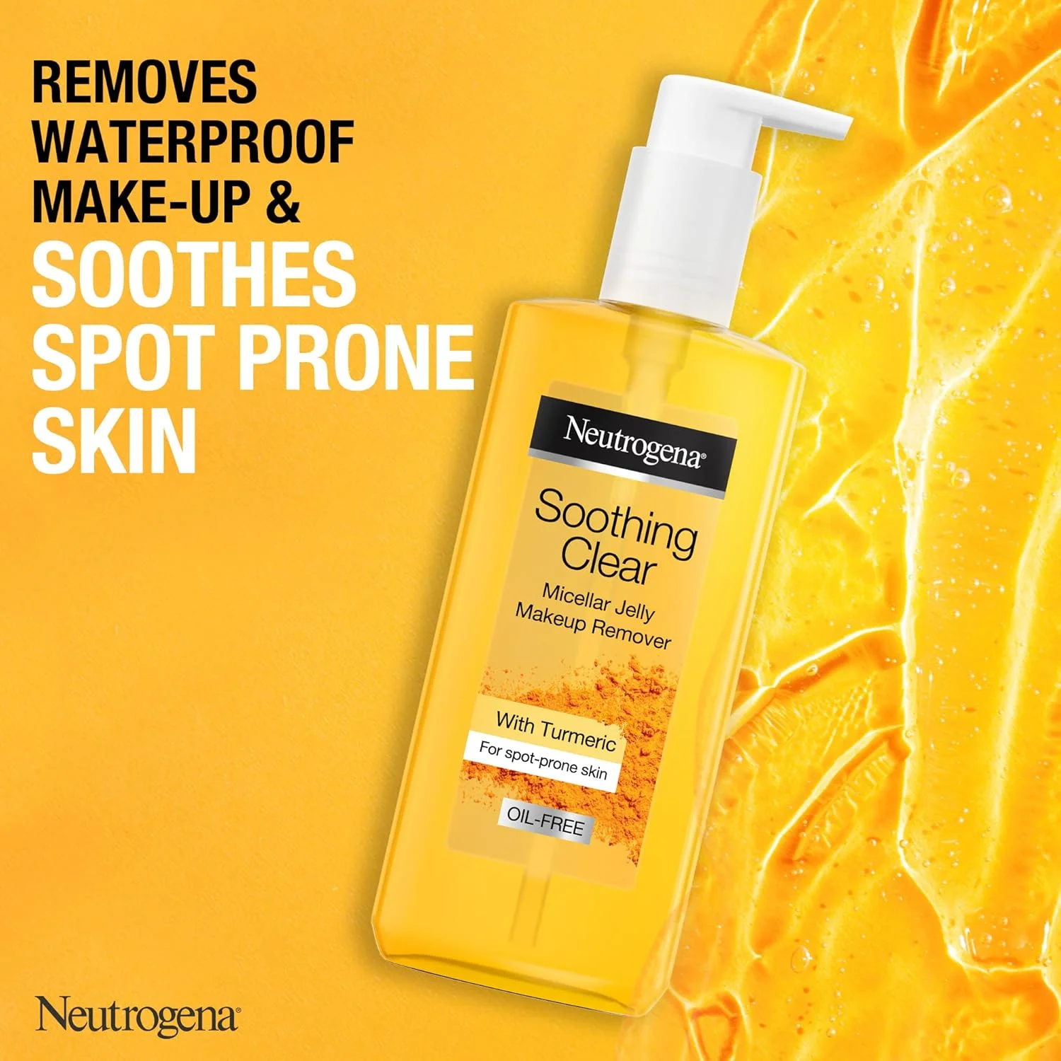 ژل پاک کننده آرایش میسلار نوتروژینا، پاک کننده ملایم، پاک کننده آرایش ضد آب و تسکین دهنده پوست تحت استرس، غنی شده با زردچوبه، 200 میلی لیتر