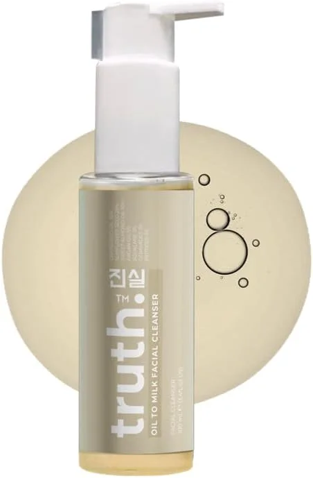 پاک کننده روغنی تبدیل شونده به شیر truth 진실، ۱۰۰ میلی لیتر، حاوی روغن هسته انگور ۳۰٪ + روغن تخمه آفتابگردان ۲۰٪ + روغن بادام ۱۰٪ + روغن آرگان ۵٪ + اسکوالان ۵٪، فرموله شده در کره.