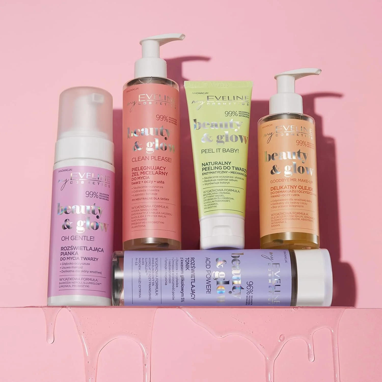 ژل شستشوی ملایم میسلار Beauty and Glow Eveline | غنی شده با هندوانه، عصاره آسرولا، روغن دانه تمشک ارگانیک، نیاسینامید، پری بیوتیک ها، پروبیوتیک ها و آلانتوئین | صورت، چشم ها و لب ها | 200 میلی لیتر