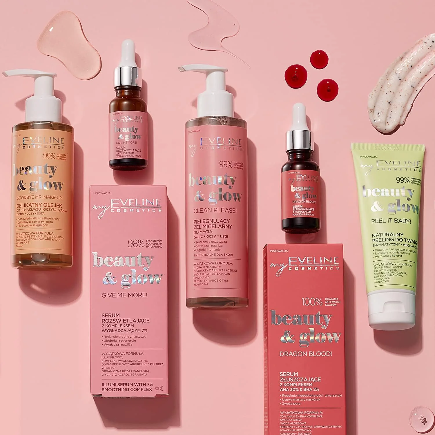 ژل شستشوی ملایم میسلار Beauty and Glow Eveline | غنی شده با هندوانه، عصاره آسرولا، روغن دانه تمشک ارگانیک، نیاسینامید، پری بیوتیک ها، پروبیوتیک ها و آلانتوئین | صورت، چشم ها و لب ها | 200 میلی لیتر