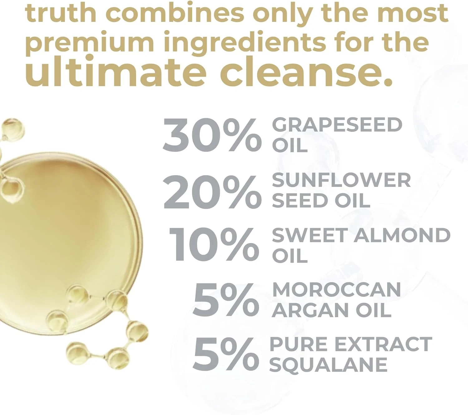 پاک کننده روغنی تبدیل شونده به شیر truth 진실، ۱۰۰ میلی لیتر، حاوی روغن هسته انگور ۳۰٪ + روغن تخمه آفتابگردان ۲۰٪ + روغن بادام ۱۰٪ + روغن آرگان ۵٪ + اسکوالان ۵٪، فرموله شده در کره.