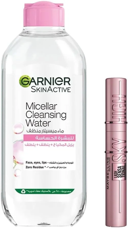 مجموعه روتین مژه میبلین نیویورک و گارنیه SkinActive - ریمل Sky High با حجم و طول بی نهایت + میسلار واتر