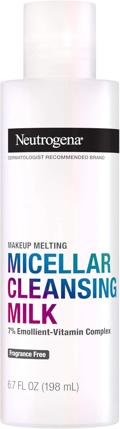 شیر پاک کننده آرایش میسلار نوتروژینا با کمپلکس امولینت-ویتامین 7%، پاک کننده ملایم آرایش چشم، لب و صورت بدون عطر برای پوست های حساس و خشک، فاقد چربی، 200 میلی لیتر