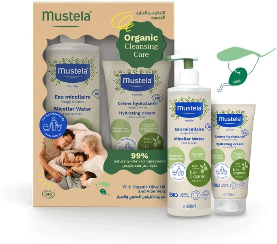 ست مراقبت پاک کننده ارگانیک موستلا شامل آب میسلار بدون نیاز به آبکشی 400 میلی لیتر و کرم آبرسان 150 میلی لیتر