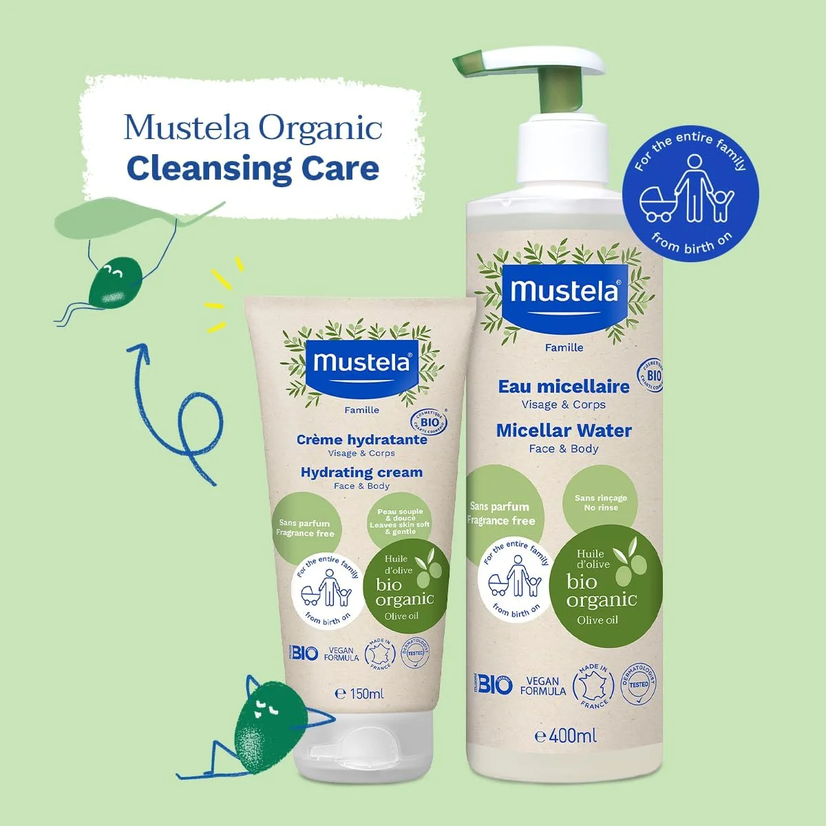 ست مراقبت پاک کننده ارگانیک موستلا شامل آب میسلار بدون نیاز به آبکشی 400 میلی لیتر و کرم آبرسان 150 میلی لیتر