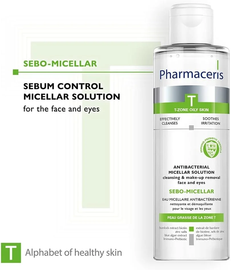محلول میسلار فارماسریز T Sebo برای صورت و چشم، 200 میلی لیتر - پاک کننده آرایش تنظیم کننده چربی با اسید ماندلیک، زینک PCA و عصاره باباآدم، ملایم برای پوست مستعد آکنه