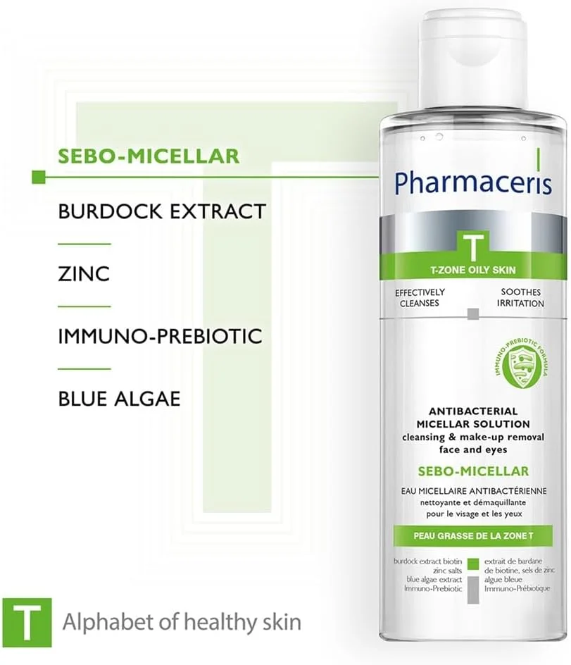 محلول میسلار فارماسریز T Sebo برای صورت و چشم، 200 میلی لیتر - پاک کننده آرایش تنظیم کننده چربی با اسید ماندلیک، زینک PCA و عصاره باباآدم، ملایم برای پوست مستعد آکنه