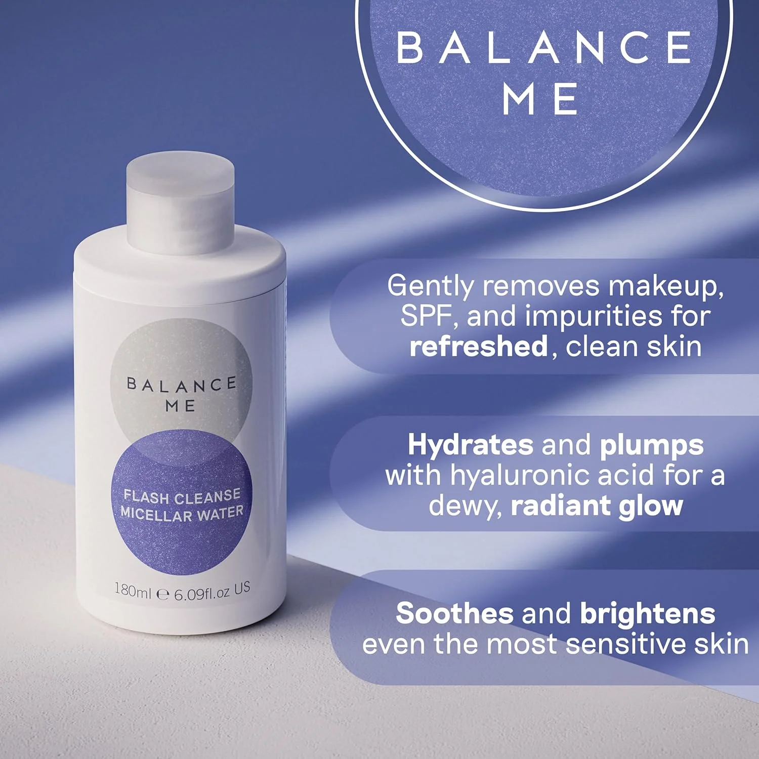 میسلار واتر پاک کننده سریع Balance Me – پاک کننده ۱۰۰٪ طبیعی و وگان صورت – به آسانی آلودگی و آرایش را پاک می کند – حاوی اسید هیالورونیک و پپتیدها – مناسب برای انواع پوست – ساخت انگلستان – ۱۸۰ میلی لیتر
