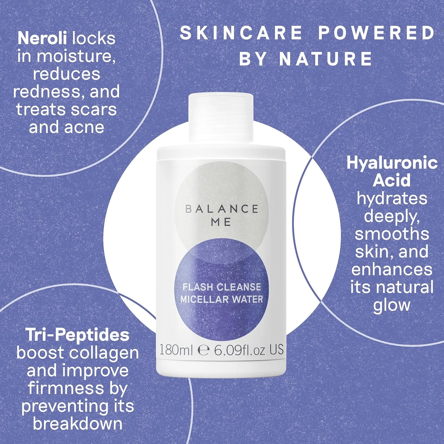 میسلار واتر پاک کننده سریع Balance Me – پاک کننده ۱۰۰٪ طبیعی و وگان صورت – به آسانی آلودگی و آرایش را پاک می کند – حاوی اسید هیالورونیک و پپتیدها – مناسب برای انواع پوست – ساخت انگلستان – ۱۸۰ میلی لیتر