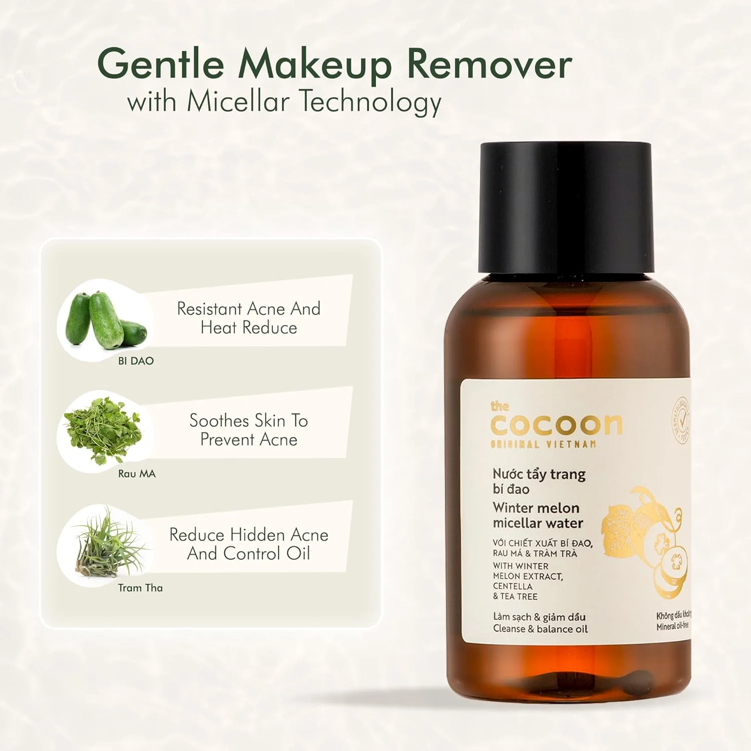 میسلار واتر هندوانه ویتنام کوکون – 140 میلی لیتر | پاک کننده ملایم آرایش و کنترل کننده چربی پوست های چرب و مستعد جوش | فرمول تصفیه کننده منافذ، غیر چرب و بدون الکل