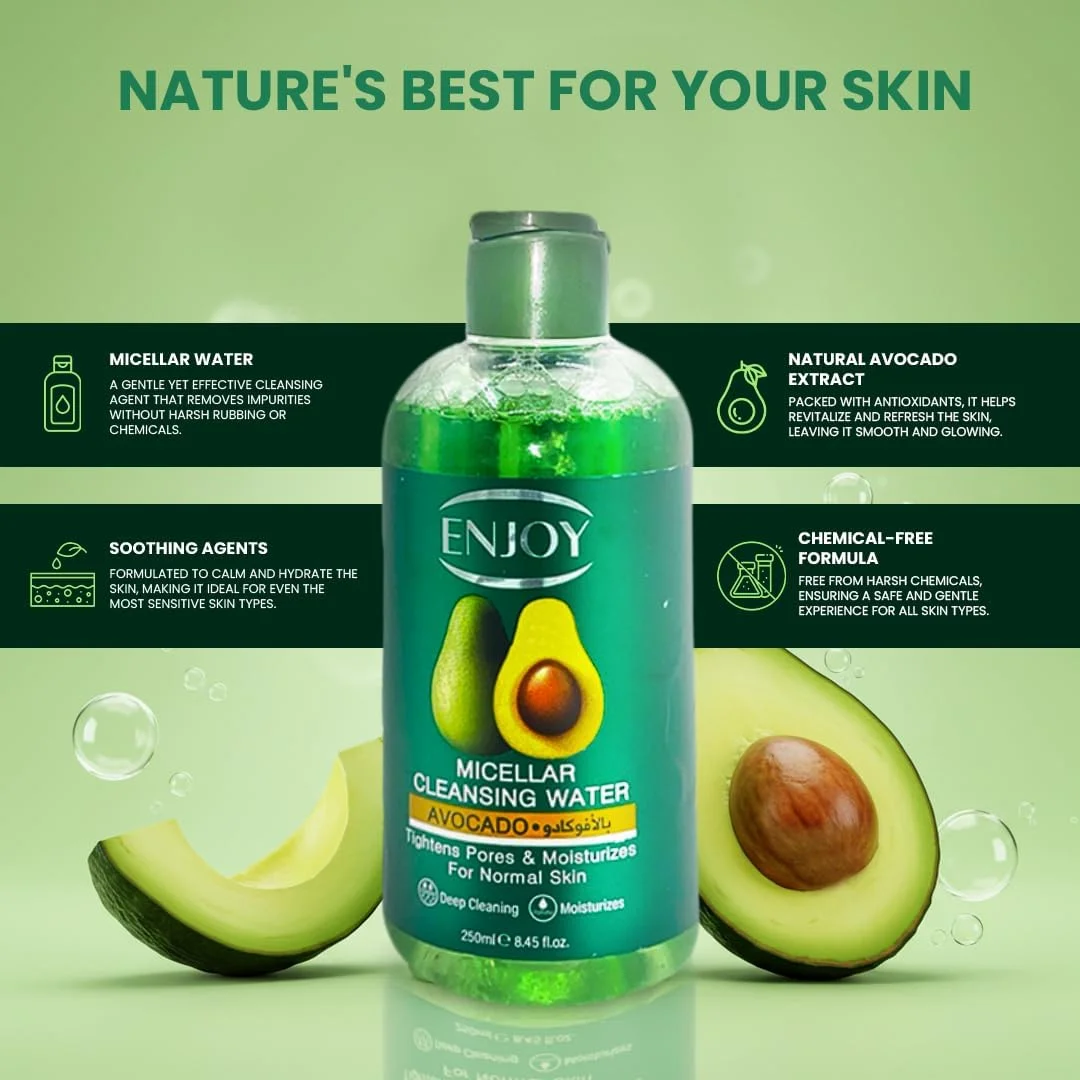 محلول پاک کننده میسلار صورت با آووکادو 250 میلی لیتر – پاک کننده ملایم آرایش و پاک کننده آبرسان – فرمول بدون نیاز به آبکشی و بدون الکل برای انواع پوست