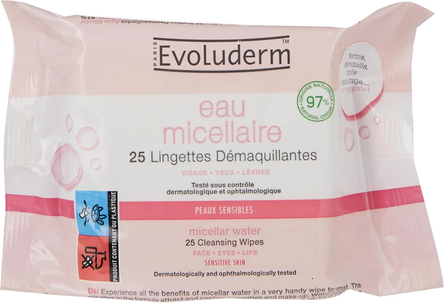 دستمال مرطوب پاک کننده آرایش میسلار Evoluderm، بسته 25 عددی