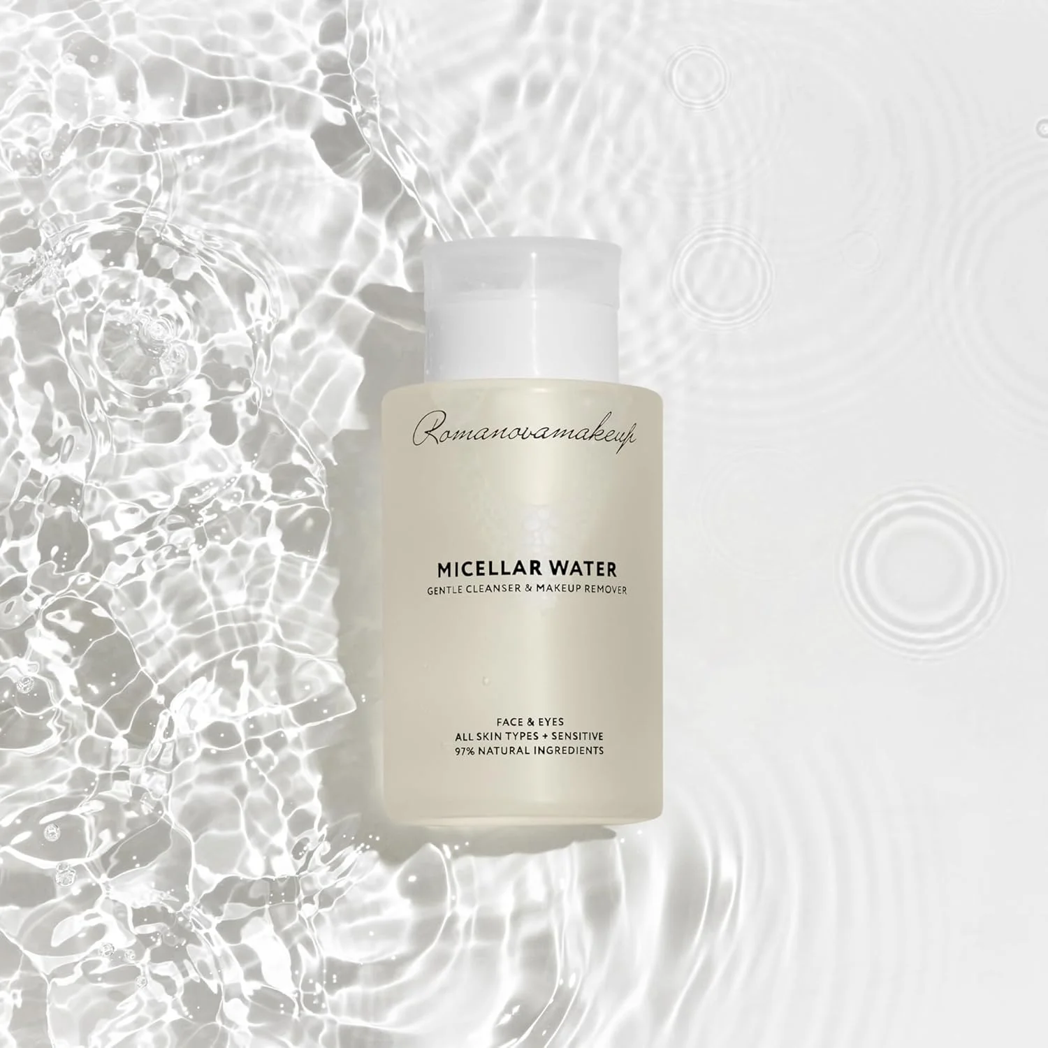 میسلار واتر ملایم رومانومیکاپ 50 میلی لیتر، پاک کننده آبرسان صورت و پاک کننده آرایش چشم بادوام برای انواع پوست، بدون نیاز به آبکشی
