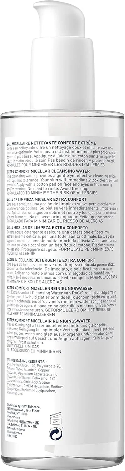 آب پاک کننده میسلار پوست حساس Roc Extra Comfort، مناسب صورت و چشم، موثر در کاهش خطر آلرژی، 400 میلی لیتر