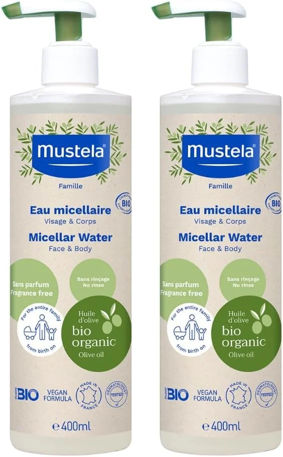 محلول پاک کننده میسلار ارگانیک صورت و بدن کودک موستلا، بدون نیاز به آبکشی و بدون عطر، 400 میلی لیتر + 400 میلی لیتر - بسته 2 عددی