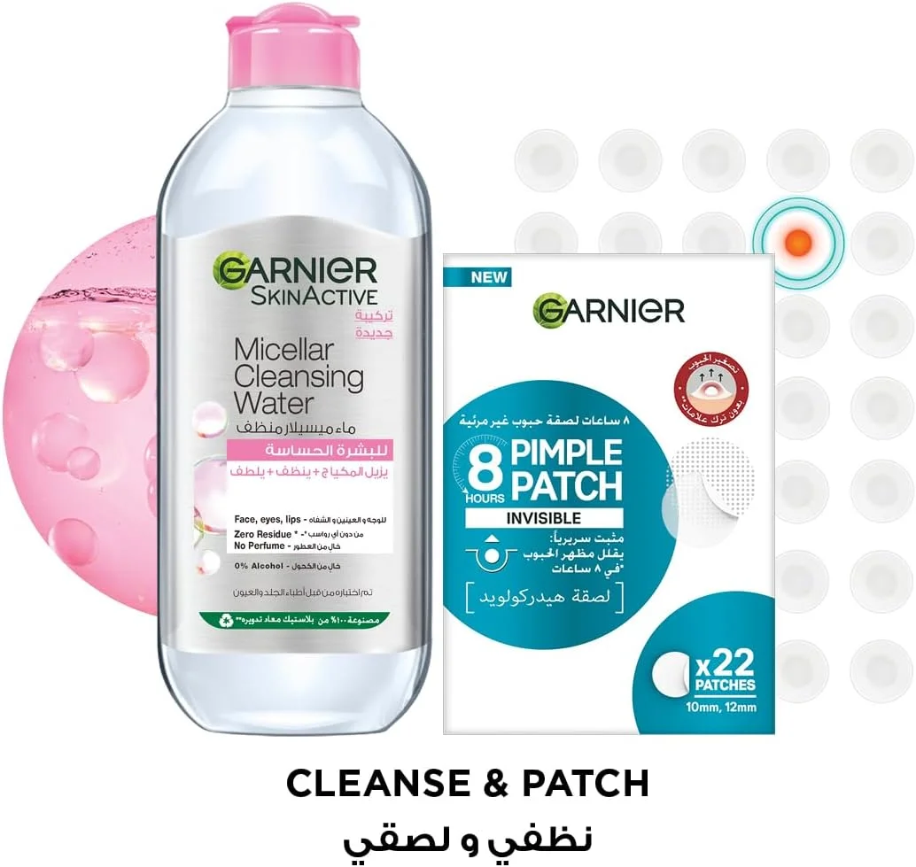 میسلار واتر کلاسیک گارنیه مدل Skin Active حجم 400 میلی لیتر - پاک کننده آرایش + پچ جوش نامرئی 8 ساعته SKINACTIVE FAST CLEAR