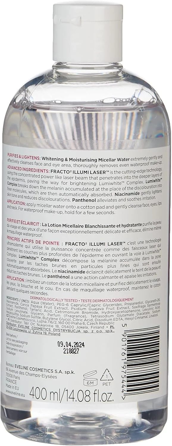 میسلار واتر روشن کننده و مرطوب کننده پوست ایولاین مدل White Prestige 4D، حجم 400 میلی لیتر