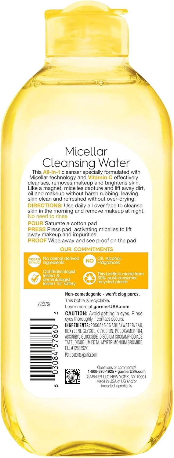 آب پاک کننده میسلار گارنیه SkinActive حاوی ویتامین C، برای پاکسازی پوست، پاک کردن آرایش و روشن کردن پوست کدر، 400 میلی لیتر (بسته بندی ممکن است متفاوت باشد)