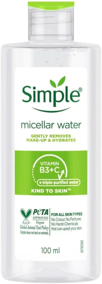 آب پاک کننده میسلار پوست حساس Simple، ۱۰۰ میلی لیتر | به آرامی آرایش را پاک می کند و آبرسانی می کند | مناسب برای انواع پوست
