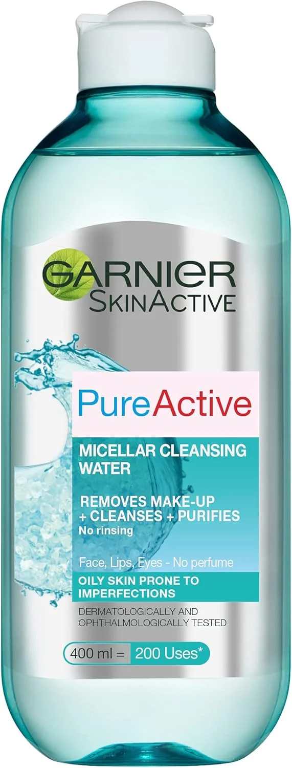 میسلار واتر پوست چرب گارنیه مدل Pure Active حجم 400 میلی لیتر، پاک کننده ملایم صورت و پاک کننده آرایش صورت، لب و چشم - پاک کننده و مات کننده پوست مختلط تا چرب، بهترین استفاده با پدهای سازگار با محیط زیست