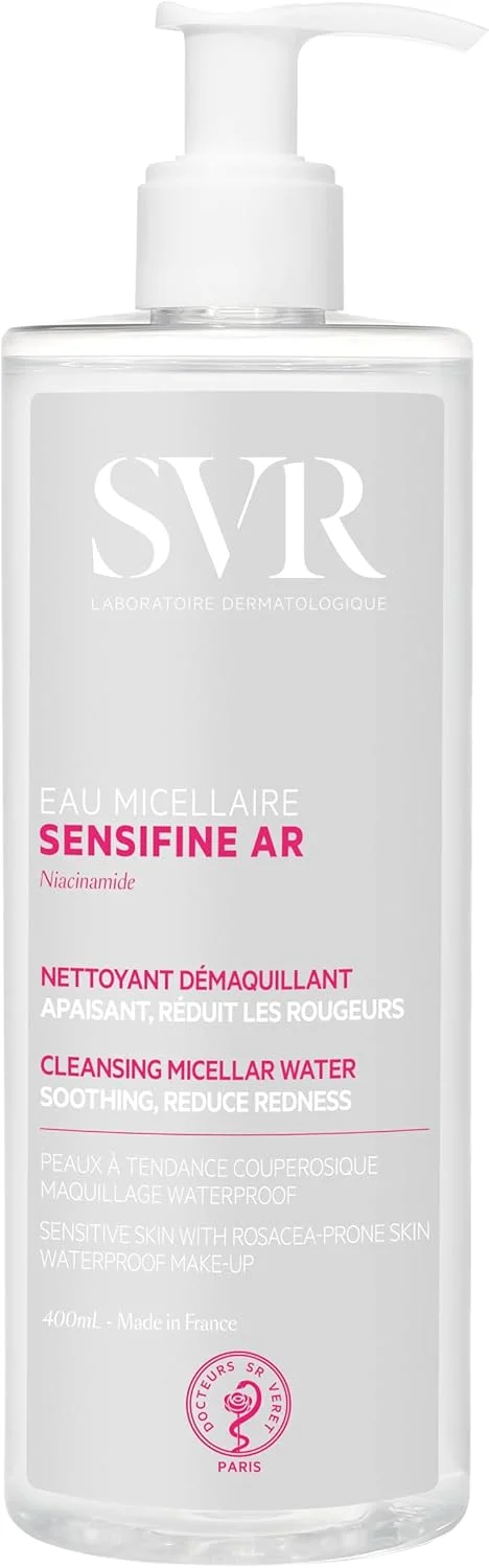 میسلار واتر التیام بخش و ضد قرمزی Svr Sensifine Ar، پاک کننده آرایش صورت، چشم ها و لب ها، پاک کننده فوق ملایم بدون نیاز به آبکشی برای پوست های حساس، واکنش پذیر و مستعد رزاسه، 400 میلی لیتر