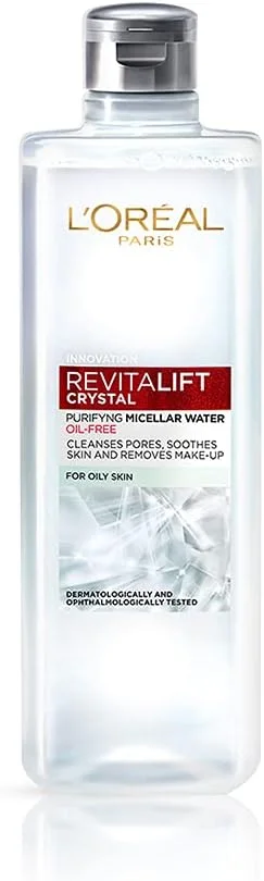 میسلار واتر پاک کننده آرایش لورآل پاریس، پاک کننده منافذ و از بین برنده آرایش، با فناوری فاقد چربی، رویتالیفت کریستال، 95 میلی لیتر