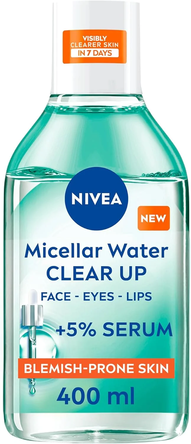 میسلار واتر نیوآ مدل Clear Up حاوی سرم، حجم 400 میلی لیتر، پاک کننده صورت برای پوست های مستعد لک، پاک کننده آرایش حاوی 5% سرم با PHA، سالیسیلیک اسید و نیاسینامید