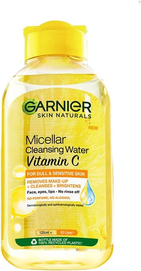 میسلار واتر حاوی ویتامین C گارنیه، 125 میلی لیتر | پاک کننده آرایش با یک حرکت | مناسب پوست های کدر و حساس | پاک کننده آرایش + روشن کننده پوست