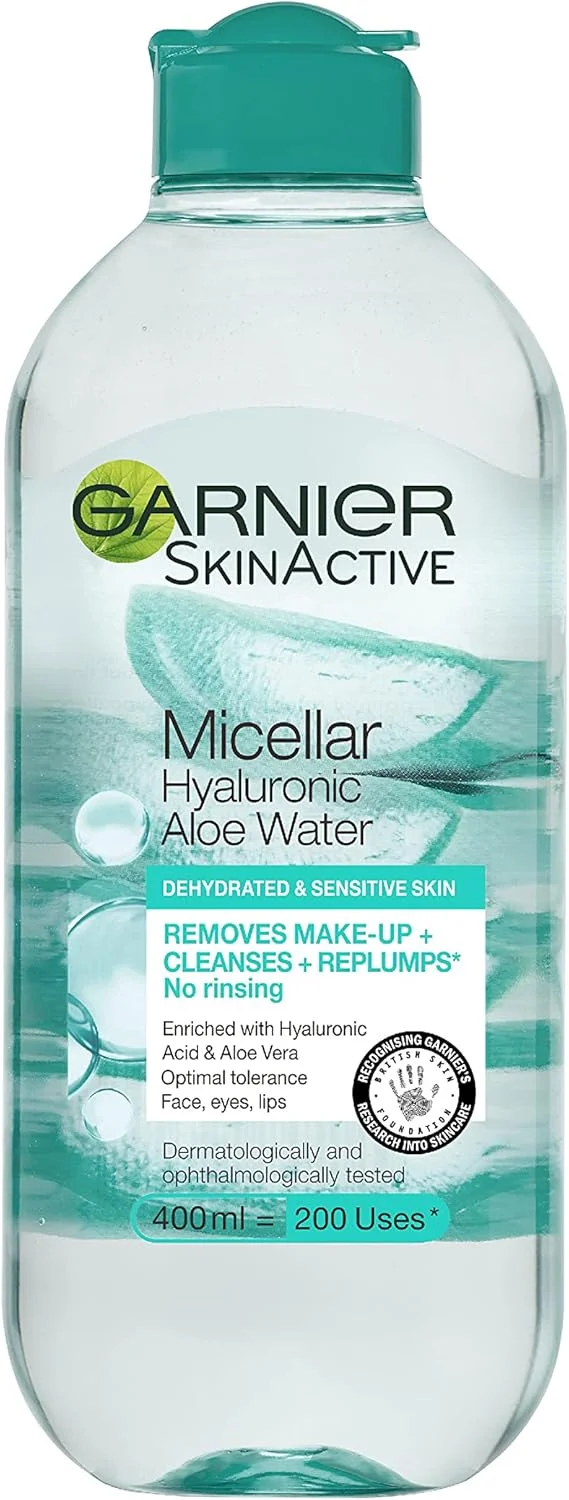 میسلار واتر پاک کننده صورت گارنیه حاوی هیالورونیک اسید و آلوئه ورا مناسب پوست کم آب، پاک کننده و پاک کننده آرایش، مورد تایید بنیاد پوست بریتانیا، قابل استفاده با پدهای اکو میسلار قابل استفاده مجدد، 400 میلی لیتر