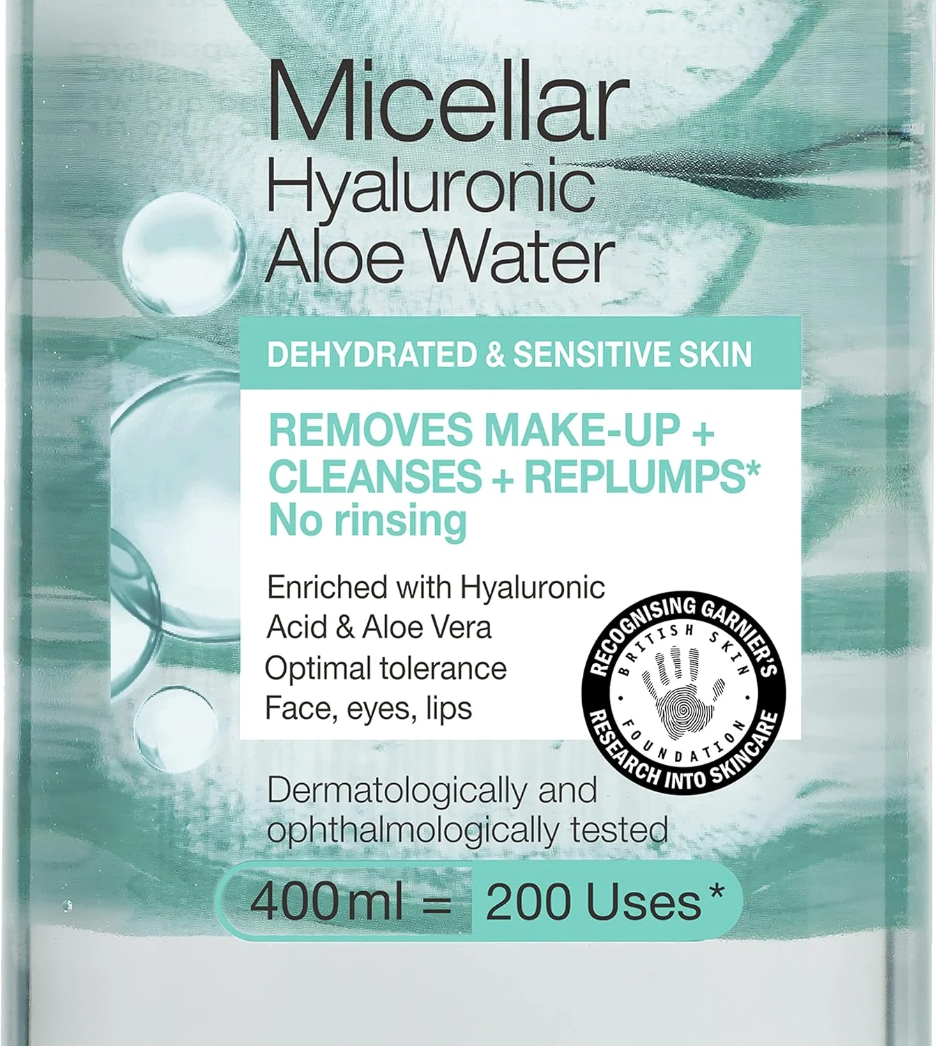 میسلار واتر پاک کننده صورت گارنیه حاوی هیالورونیک اسید و آلوئه ورا مناسب پوست کم آب، پاک کننده و پاک کننده آرایش، مورد تایید بنیاد پوست بریتانیا، قابل استفاده با پدهای اکو میسلار قابل استفاده مجدد، 400 میلی لیتر