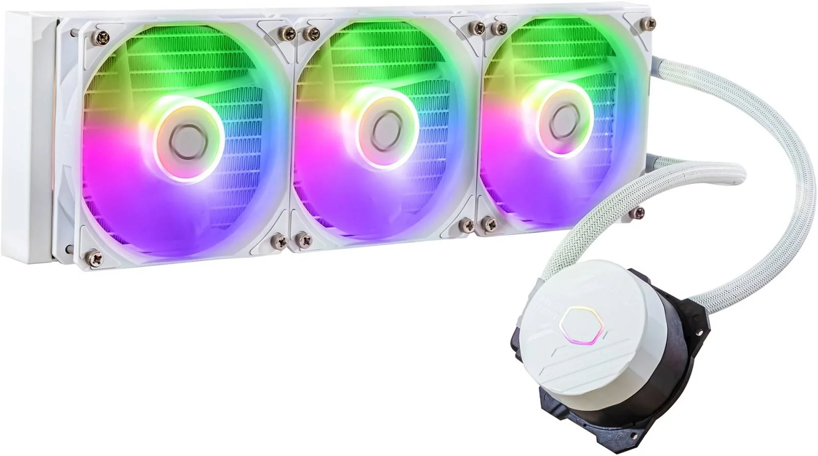 خنک کننده مایع پردازنده Cooler Master MasterLiquid 360L Core aRGB، رادیاتور 360 میلی‌متری، سرعت فن 650-1750 دور در دقیقه، جریان هوای فن 71.93 CFM، رادیاتور آلومینیومی، کانکتور پمپ 3 پین، سفید MLW-D36M-A18PZ-RW