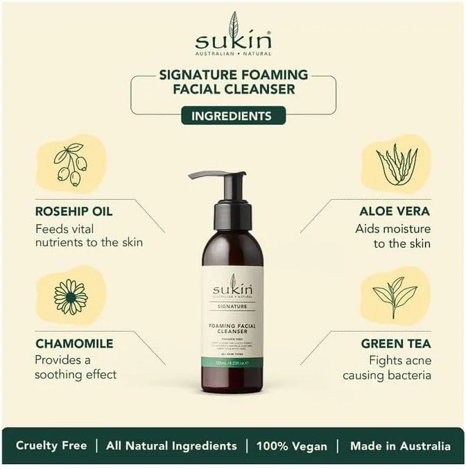 فوم پاک کننده صورت سوکین سیگنیچر با پمپ | حاوی روغن گل رز، آلوئه ورا، بابونه و چای سبز | شستشوی صورت برای خانم ها و آقایان | 100% وگان و بدون تست حیوانی | 125 میلی لیتر