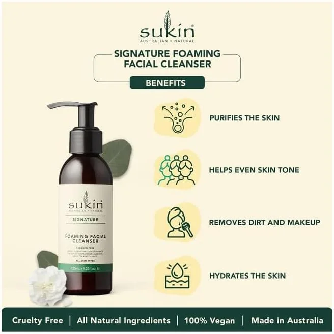 فوم پاک کننده صورت سوکین سیگنیچر با پمپ | حاوی روغن گل رز، آلوئه ورا، بابونه و چای سبز | شستشوی صورت برای خانم ها و آقایان | 100% وگان و بدون تست حیوانی | 125 میلی لیتر