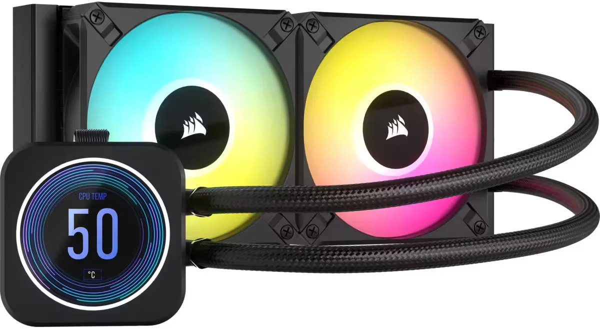 خنک‌کننده مایع پردازنده مرکزی (CPU) Corsair iCUE H100i ELITE LCD XT، رادیاتور 240 میلی‌متری، نمایشگر IPS LCD 2.1 اینچی، فن‌های 120 میلی‌متری AF RGB ELITE، جریان هوای 65.57 CFM، سرعت 2100RPM، هد پمپ با حلقه LED RGB، مشکی | CW-9060074-WW