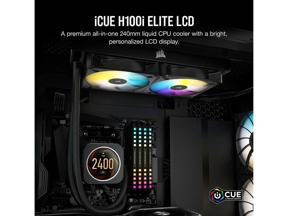 خنک کننده مایع پردازنده مرکزی Corsair iCUE H100i Elite با نمایشگر LCD، طول لوله 380 میلی متر، 2 فن 120 میلی متری، رادیاتور 240 میلی متری، سطح نویز 10-30.4 dBA، صفحه سرد مسی تقسیم جریان، مشکی | CW-9060061-WW خنک کننده مایع پردازنده مرکزی Corsair iCUE H100i Elite با نمایشگر LCD، طول لوله 380 میلی متر، 2 فن 120 میلی متری، رادیاتور 240 میلی متری، سطح نویز 10-30.4 dBA، صفحه سرد مسی تقسیم جریان، مشکی | CW-9060061-WW