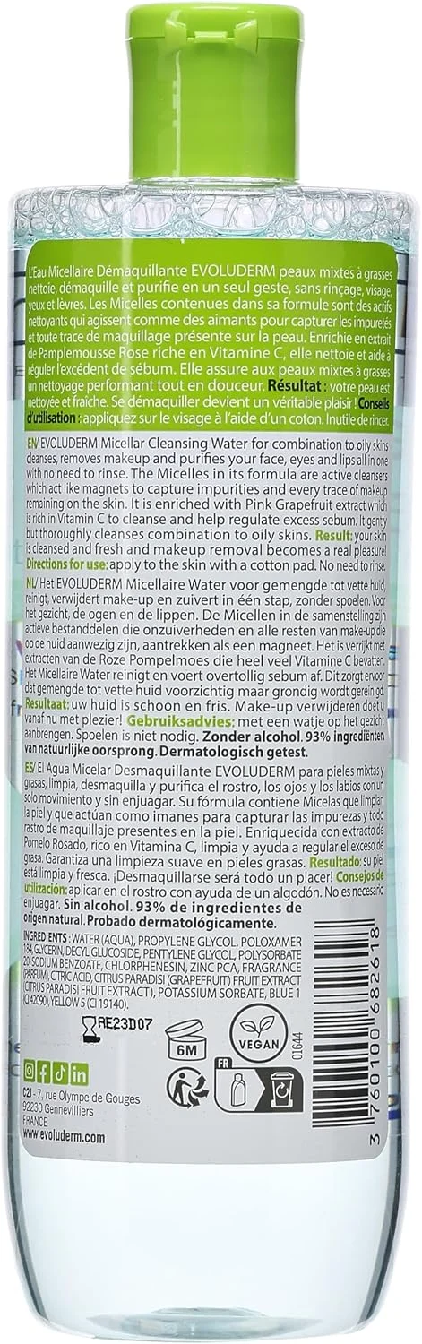 میسلار واتر Evoluderm مناسب پوست مختلط تا چرب 500 میلی لیتر