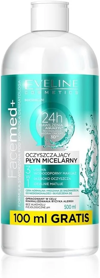 آب پاک کننده آرایش میسلار پوست چرب و مختلط Eveline Face Med+ حاوی هیالورونیک | بدون عطر | مایع میسلار 3 در 1 | 400 میلی لیتر