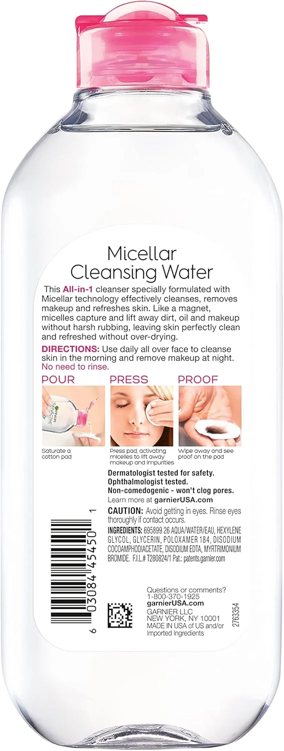 آب پاک کننده میسلار گارنیه SkinActive مناسب انواع پوست، پاک کننده صورت و پاک کننده آرایش، 400 میلی لیتر