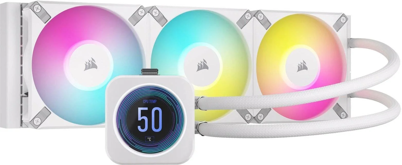 خنک کننده مایع پردازنده مرکزی CORSAIR iCUE H150i ELITE LCD XT، رادیاتور 360 میلی‌متری، نمایشگر 2.1 اینچی IPS LCD، فن‌های 120 میلی‌متری AF RGB ELITE، جریان هوای 65.57 CFM، سرعت 2100RPM، هدر پمپ با حلقه LED RGB، سفید | CW-9060077-WW