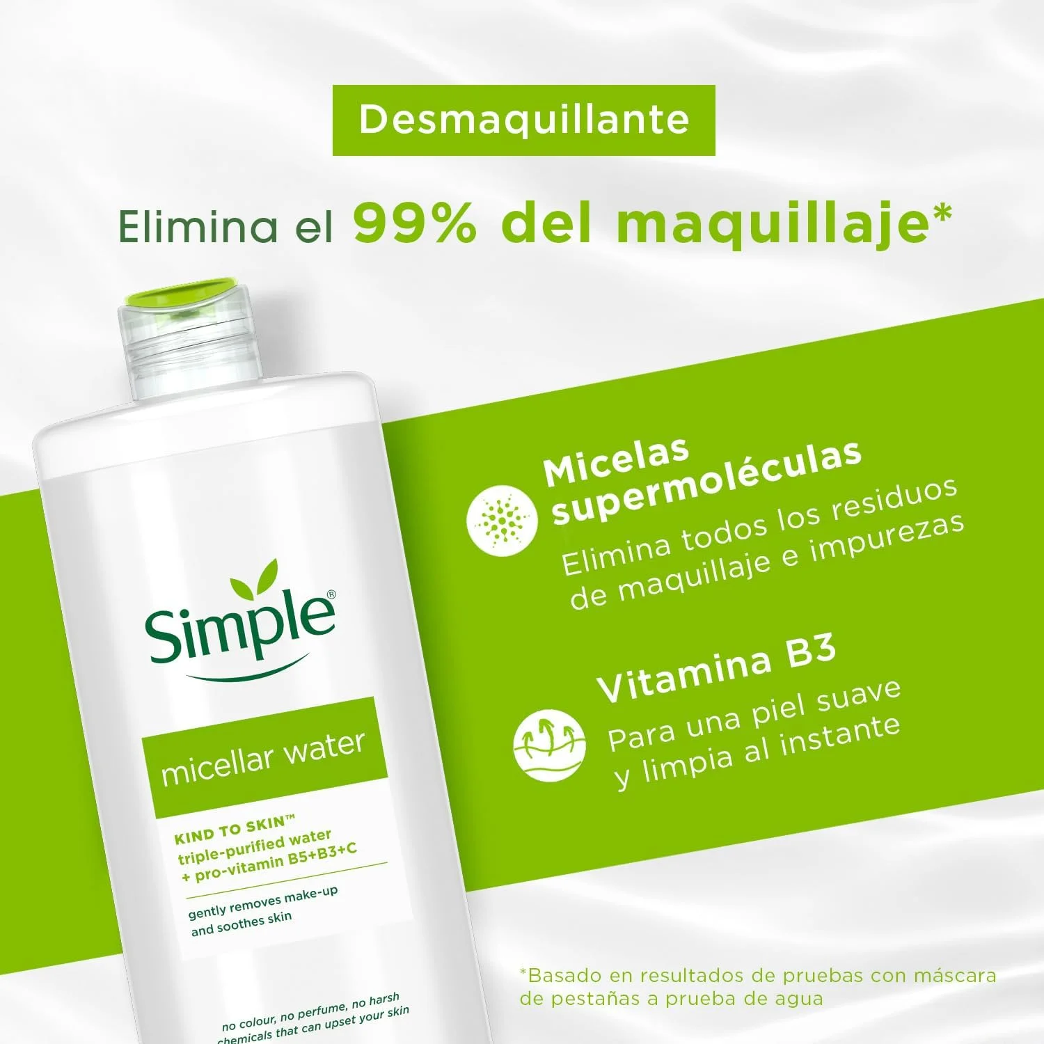 آب پاک کننده پوست مهربان سیمپل، میسلار، پاک کننده فوری آرایش و آبرسان، 400 میلی لیتر