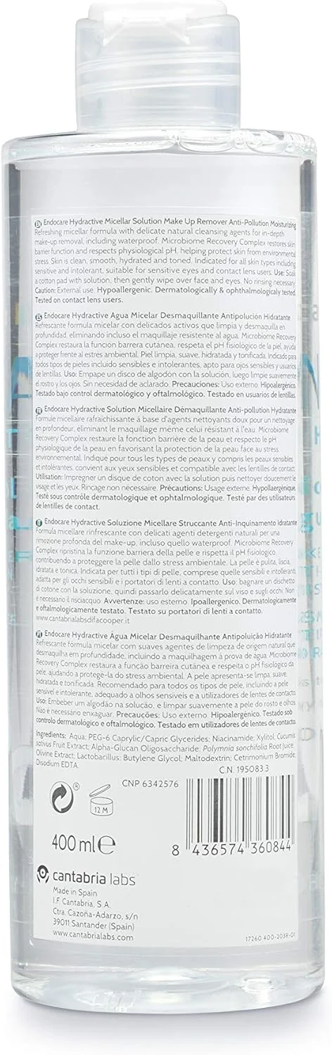 محلول میسلار واتر هیدراکتیو اندوکر برای انواع پوست، از جمله پوست های فوق حساس، پاک کننده آرایش (شامل آرایش ضد آب)، پاک کننده با یک دستمال، آبرسان، طراوت بخش، تونر، سایز بزرگ 400 میلی لیتر