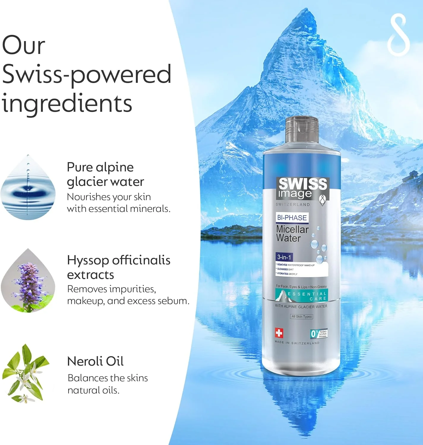 میسلار واتر دو فاز سوییس ایمیج 400 میلی لیتر | پاک کننده آرایش 3 در 1 صورت، چشم و لب | غیر چرب، پاک کننده آرایش، آبرسان و طراوت بخش و بدون نیاز به آبکشی | مناسب انواع پوست | ساخت سوییس