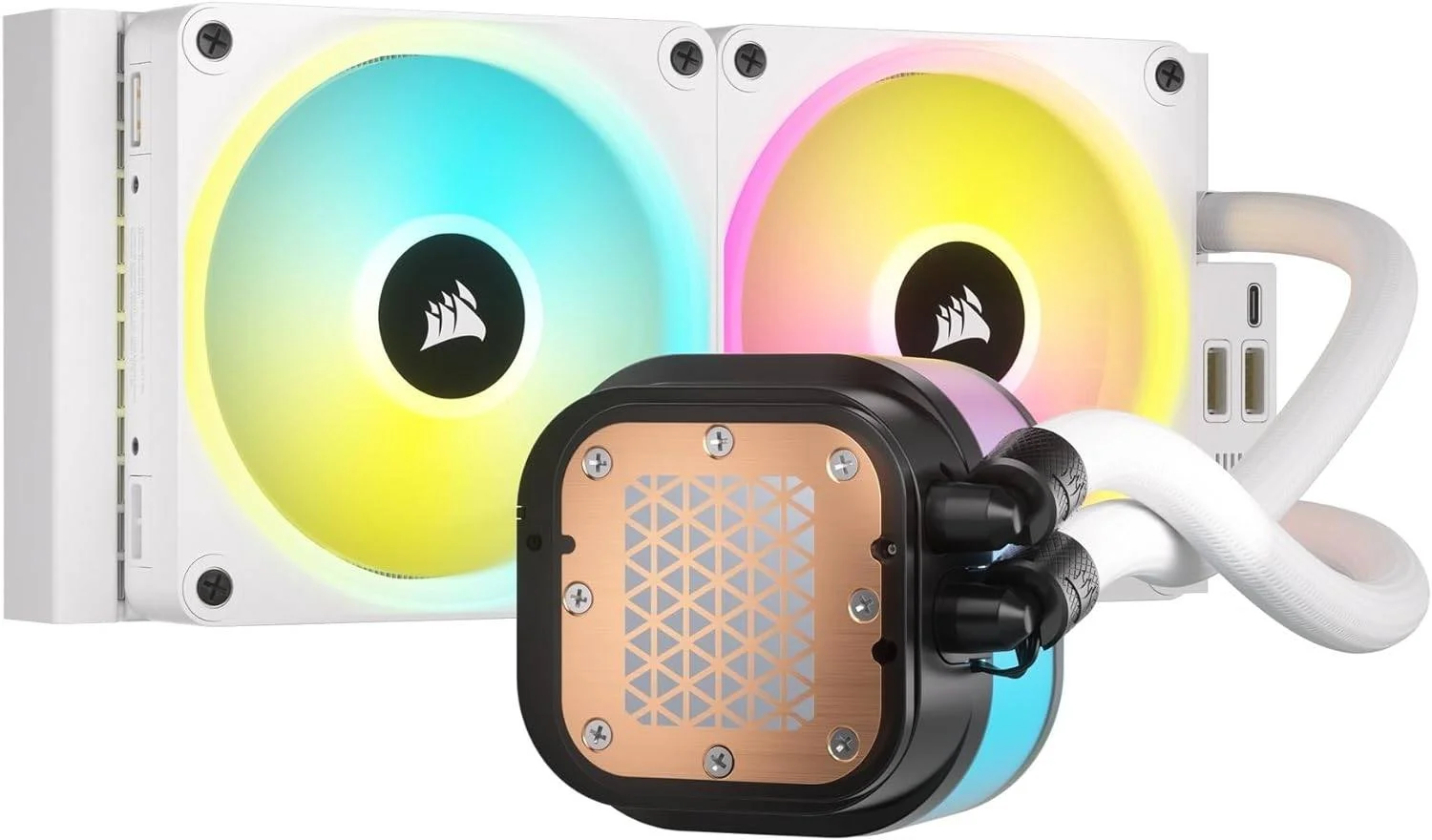 خنک کننده مایع پردازنده CORSAIR iCUE LINK H100i 240mm RGB AIO، رادیاتور 240 میلی متری با فن های QX120 RGB، سرعت چرخش تا 2400 دور در دقیقه، جریان هوای 63.1 CFM، سازگار با سوکت های Intel 1700 و AMD AM5، سفید | CW-9061005-WW